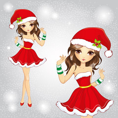 Cute Fashion Girl Dressed In Red Santa Claus Dress 