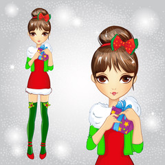 Fashion Girl Dressed As Santa Claus Holding Gift