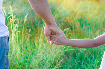  a parent holds the hand of a small child