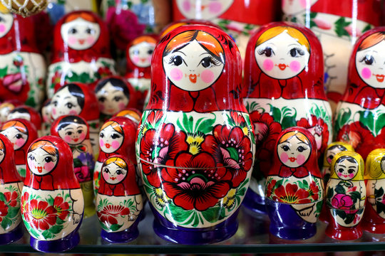 Colorful russian wooden dolls at a market
