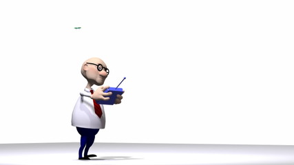 Cartoon rendering of a character trying to fly a drone