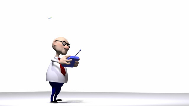 Cartoon rendering of a character trying to fly a drone