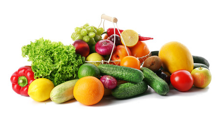Fresh vegetables and fruits  isolated on white