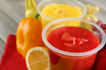 Fresh juice mix fruit, healthy drinks on wooden table background