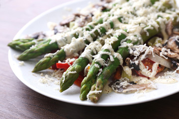 Delicious vegetables dish on served wooden table, close up