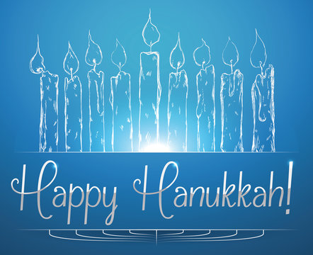 Hannuka Candles Shining on Blue Background, Vector Illustration