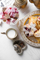 Antique tea-set with Turkish delight and baking on table close-up