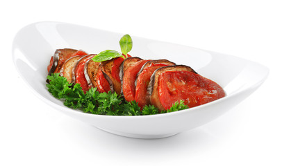 Ratatouille on plate, isolated on white