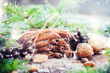 Bunch with Cinnamon Sticks and Natural Food. Drawn Snow