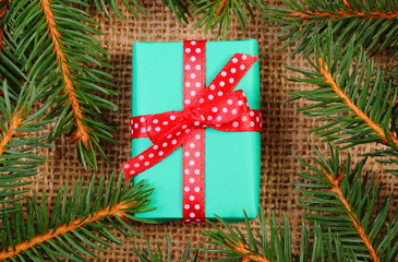 Wrapped gift for Christmas or other celebration and spruce branches