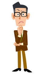 考える茶色のジャケット着用の男性