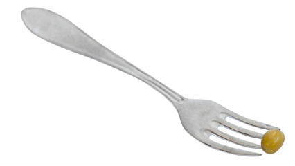dining fork with one green pea isolated