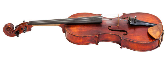 side view of full size violin with wooden chinrest