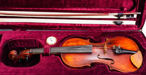 classic violin with bow in red velvet case - obrazy, fototapety, plakaty