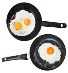 frypans with one and two fried eggs isolated