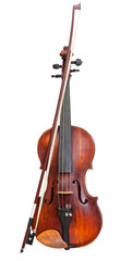 Fototapeta na wymiar front view of violin with wooden chinrest and bow