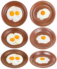 set of brown plates with one and two fried eggs