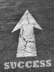 Arrow sign on asphalt surface with success word