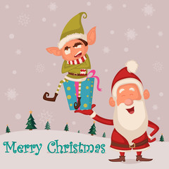 Santa and Elf in Merry Christmas holiday greeting card background