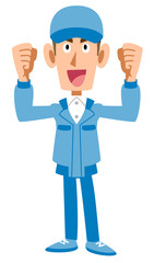 ガッツポーズをする作業着の男性