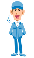 うなずく作業着の男性