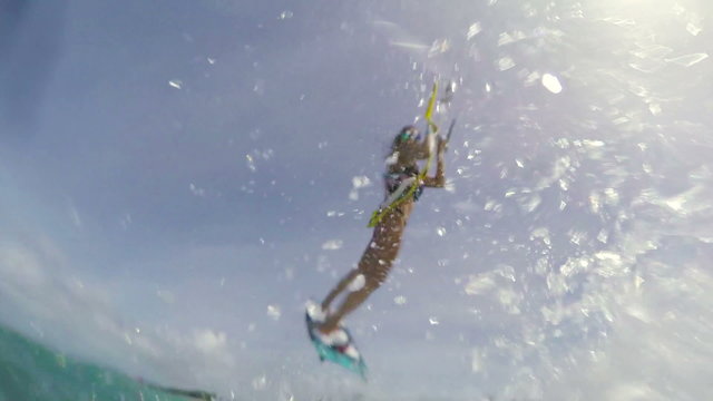 Young Woman Kitesurfing in Ocean in Bikini. Extreme Summer Sports POV GOPRO Slow Motion. 