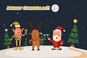 Santa, Elf and Reindeer celebrating Merry Christmas