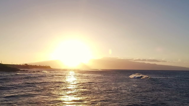 Flight Over Ocean Waves at Sunset. Amazing Sunset Aerial Shot Flying Low Over Ocean