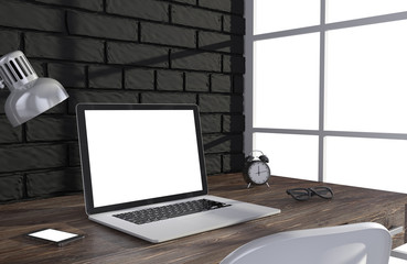 Fototapeta premium 3D illustration laptop and work stuff on table near brick wall, Workspace