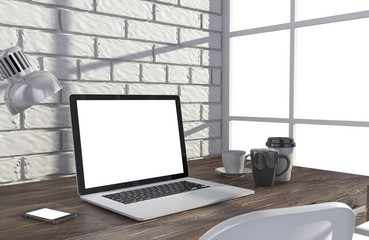 Fototapeta premium 3D illustration laptop and work stuff on table near brick wall, Workspace