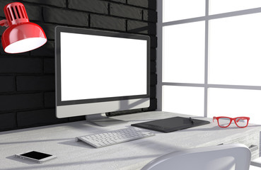 Fototapeta premium 3D illustration PC screen on table in office, Workspace