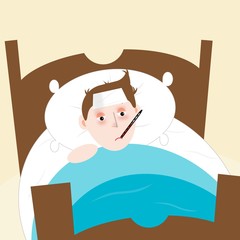 Niño enfermo con fiebre y termómetro en la cama