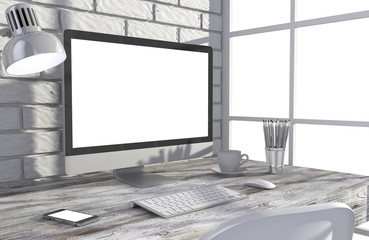 Fototapeta premium 3D illustration PC screen on table in office, Workspace