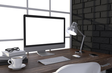 Fototapeta premium 3D illustration PC screen on table in office, Workspace