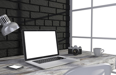 Fototapeta premium 3D illustration laptop and work stuff on table near brick wall, Workspace