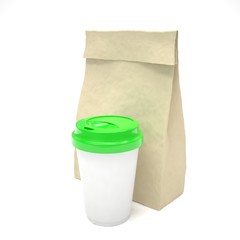 Coffee to go and lunch bag, on white.