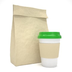 Coffee to go and lunch bag, on white.