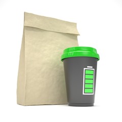 Coffee to go and lunch bag, on white.