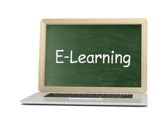  Laptop with chalkboard, e-learning, online education concept