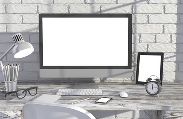 Fototapeta premium 3D illustration PC screen on table in office, Workspace