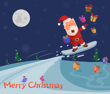 Skiing Santa at Merry Christmas holiday greeting card background