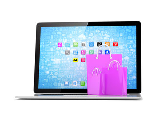 laptop and  shopping pags on white background