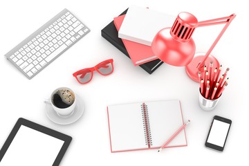 office stuff on table, workplace, top view