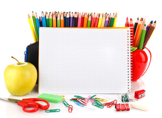 Naklejka premium Notebook with school stationary objects