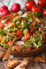 Fattoush fresh salad close-up on a plate. vertical
