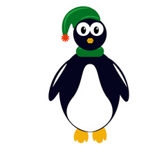 Penguin in a hat an scarf, flat vector clip art. EPS10