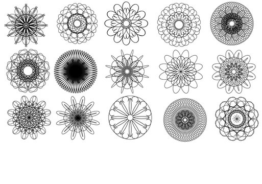 15 isolated spirographs, vector image. EPS10
