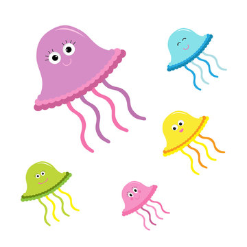 Cute jellyfish set. Happy family. Baby background. Flat design