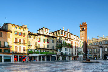 Fototapeta na wymiar View of Piazza delle Erbe in Verona (Italy) in early morning