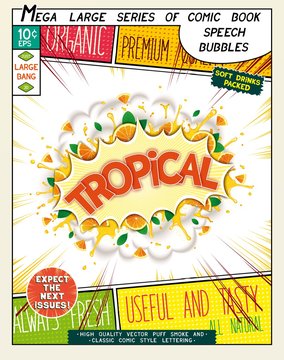 Tropical. Colorful explosion with fruit, splashes and clouds of smoke with caption in comic style.. 3D realistic pop art speech bubble
